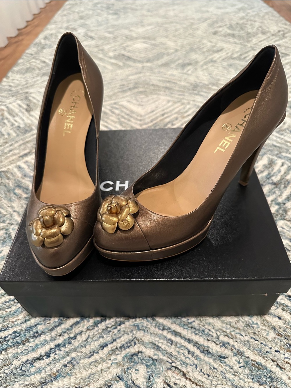 CHANEL Bronze Leather Platform Pumps with Gold Camellia Accent